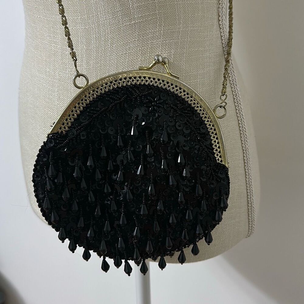 Vintage Black Fringe Sequin Purse Clutch Crossbody Evening Bag - Picture 11 of 11
